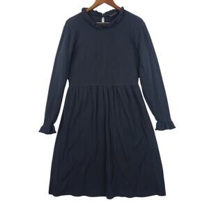 DownEast WMNS Ribbed Knit Fit & Flare Dress Navy Blue Ruffle Trim Long Sleeve LG